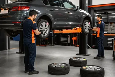 Mecânicos realizando o rodízio de pneus em um carro.