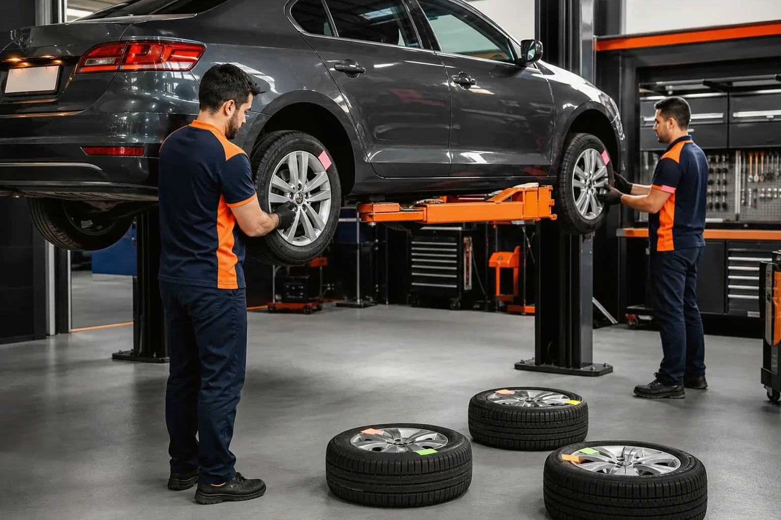 Mecânicos realizando o rodízio de pneus em um carro.