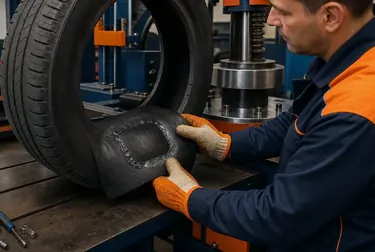 Profissional realizando vulcanização de pneus em uma borracharia.
